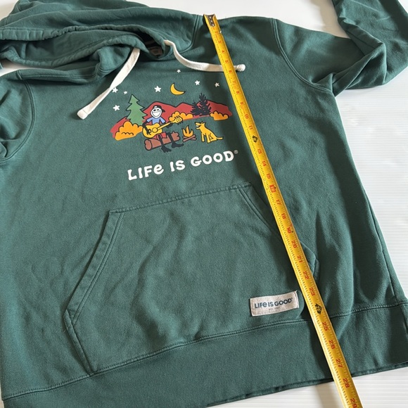 Life is Good green campfire, dog, guitar mountain scene hoodie.  Men’s  large - Picture 7 of 11